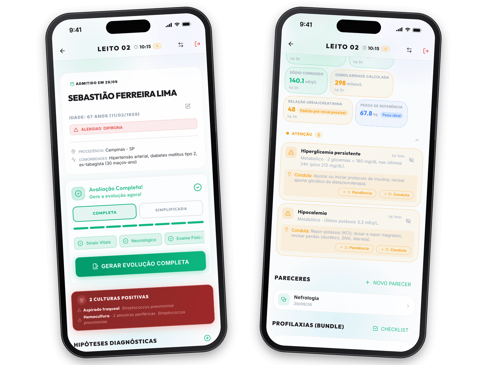 Dois iPhones com o app Crítico: o prontuário com a avaliação do dia e os alertas clínicos do paciente