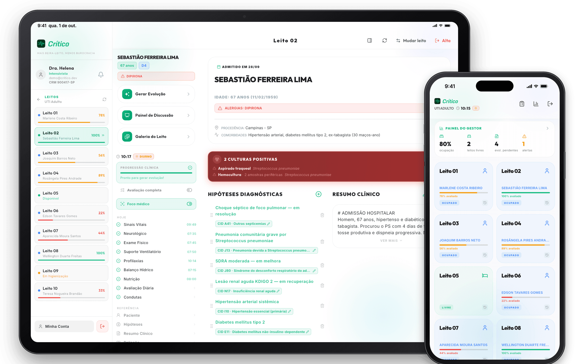 Prontuário de um paciente de UTI no iPad e o mapa de leitos da unidade no iPhone, no app Crítico