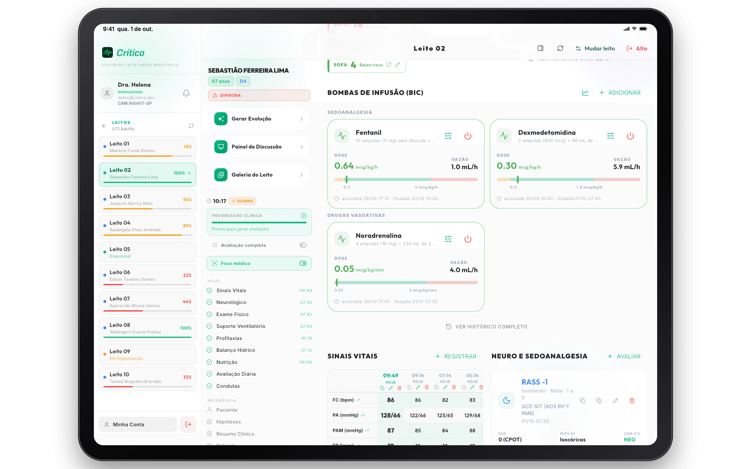 Prontuário no iPad com gasometrias, suporte ventilatório, drogas em infusão e antimicrobianos do paciente